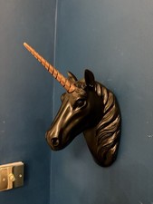 Unique Large Black Gold Unicorn Head Wall Decor Statue Sculpture Art Handcrafted