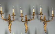 Set of 3, fabulous large French Rococo ormolu gilt twin light wall sconces.