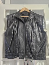 Vintage St Michael Gathered Soft Black Leather  Zip Up Biker Waistcoat Gillet 46