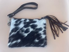 Cowhide Wristlet Purse With Tassle Black & White Hair Brown Strap 7.5”x6”Western