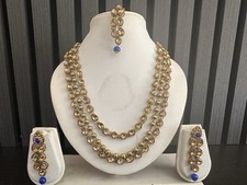 Blue Gold Beige Indian Bollywood Costume Jewellery Jewelry Set Bling Glamour New