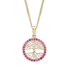 9ct Gold Simulated RUBY Tree of Life REVERSIBLE Pendant Necklace + 18" Chain
