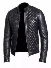 Mens Black Sheep Real Leather Biker Jacket Quilted Slim Fit Motorcycle Zipper