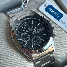 Seiko Stainless Steel Chronograph Black Dial Quartz Mens Watch * SND309P