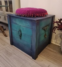 Vintage Wooden Blanket Box Storage Unit Chest Trunk Upcycled Boho Multicoloured