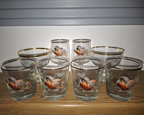 8pc clear glass pheasant print - glass,