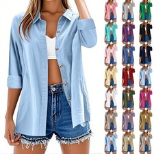 Womens Summer Casual Blouse Ladies Button T Shirt Long Sleeve Tops Tunic Tees UK