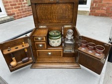 Antique Oak Smokers Cabinet Edwardian 2-Door With Tobacco Jar And Decanter 14” W