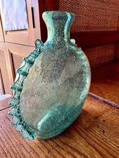 Rare 18th Century Green Dutch Glass Bottle Hand Blown With Applied Spiky Edges