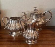 Antique ELKINGTON English Silverplate Tea Service - Creamer, Sugar, Teapot c1859