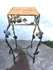 TALL BRONZE METAL GRAPEVINE & LEAF LEGS & WICKER TOP PLANT STAND PEDESTAL
