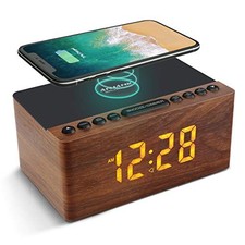 Bedside Wooden FM Radio Alarm Clock,10W Super Fast Wireless Charger