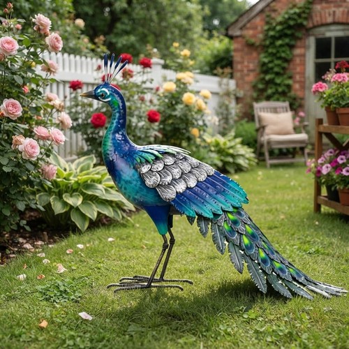 Metal peacock statue - statue, garden