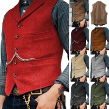 Mens Tweed Vests Vintage Cowboy Hunting Herringbone Waistcoats Large 3XL