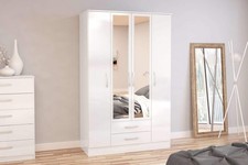 Birlea Lynx 4 Door Combi Wardrobe with Mirror – White High Gloss Bedroom Storage