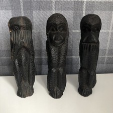 Vintage Hand Carved Wooden Speak No See No Hear No Evil 3 Monkey Statue Ornament