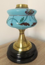 Lovely Oil Lamp with Hand Painted Blue Opaline Glass Font, Veritas Ceramic Base.