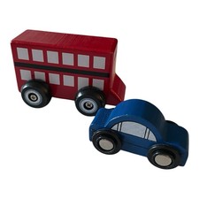 Wooden Painted Wood Toy Blue Car & Red Bus On Wheels