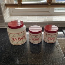 Vintage Milk Glass Tea, coffee and sugar Storage Jars CLP White Red Floral 80’s