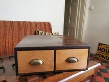 Antique/Vintage 2 Drawer Index File Art Deco 2 Tone Wood Dovetail Cup Handles