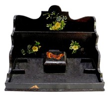 Antique Victorian Hand Painted, Papier Mache Inkstand, Letter Holder & Stamp Box
