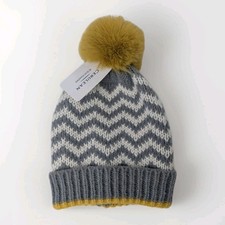 Cerulean Blue Diamond Ladies Knit Pom Hat Zig Zag Grey Cream Mustard BNWT