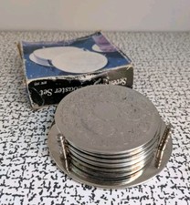 Vintage Retro Silver Plated Etched Engraved Pattern Drinks Coasters Set Stand