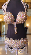 Luxury White & Gold Hand-Beaded/Embroidered Belly Dance Costume Bra & Belt/pro