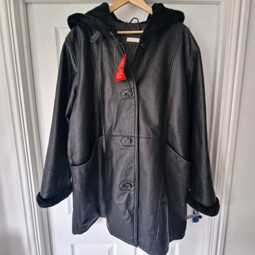 Black leather hooded coat with - black,