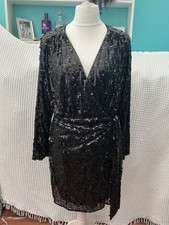 Women's H&M Black Sequin Wrap Front Tie Waist Party Dress Size L 16/18 BNWOT