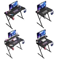 Gaming Desk PC Computer Workstation Carbon Table w/ Headphone Hook & Cup Holder