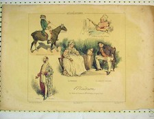 Original Old Antique Print French Colour Man Horse Costume Women Bath-Tub