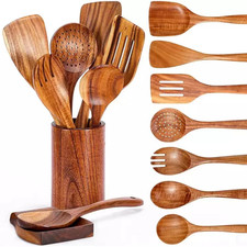 Wooden Kitchen Cooking Set Spatula Spoon Fork Salad Stirring Baking with Storage