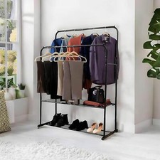 NEW Damaged Box Double Clothes Rail Heavy Duty Metal with Shoe Rack Hat Bag Hook