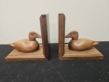 VINTAGE MALLARD DUCKS BOOK ENDS HAND CARVED WOOD GLASS EYES  