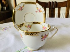 Rare Antique Court China William Lowe Tea Cup & Saucer Duo Gold & Floral 1928
