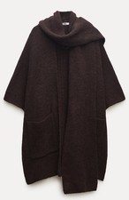 Zara Chocolate Brown Cape Knit Cardigan Jacket With Draped Scarf Neck Uk S •NEW•
