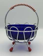 Vintage Atomic Sweet Candy Dish Chrome Wire Cobalt Blue Glass Mid Century