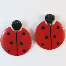 Signed Marie Christine Pavone Red Lady Bug Clip-On Handmade Galalith Earrings 