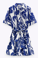 Zara cream and cobalt blue abstract shape & floral print shirt dress new size m