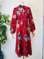 Vintage 80s Red Beige Green Navy Tie Neckline Long Sleeve Dress 18