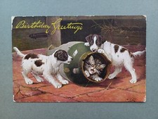 1910s PC by B. COBBE TWO SPANIEL PUPS TEASING CAT IN BROKEN JUG - RAPHAEL TUCK