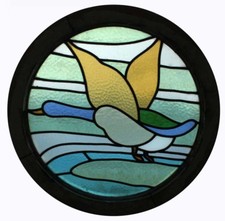 Art Deco Duck In Flight English Round Stained Glass Window Original Frame