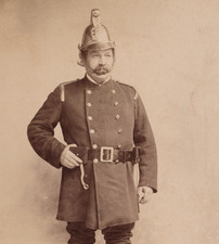 Victorian Fireman Cabinet Card Photo London Uniform Helmet Treble Belgravia