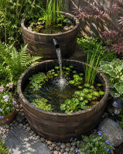 Oak half barrel pond wildlife - barrel,