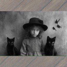 POSTCARD Girl Black Cat Weird Creepy Pet Old Vibe Unusual Cute Scary Strange Fun