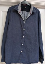 H&M Mens Large Dark Blue  Denim/Chambray Shirt Long Sleeve Contrast Panel Collar