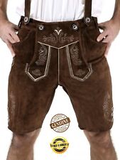 Mens Short Bavarian Lederhosen Cowhide Brown Leather with Matching Suspenders