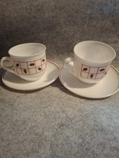 Vintage Set Of 2 Cups And Saucers Aropal France Red Green White Glass Geometric