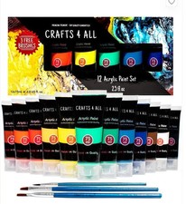 Crafts 4 All Large Acrylic Paint Set - 12  Colors in 75ml Tubes w/ 3 Bonus Brush